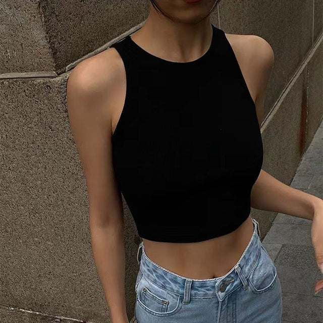 O Neck Ribbed Sleeveless Tank Top Camisole Summer Basic Elastic Black Crop Top