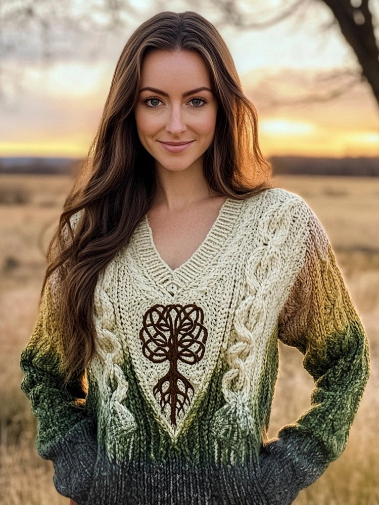 Irish Tree Of Life Pattern Women's Gradient V-neck Sweater elevenforest