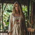 Vintage Tribal Floral Embroidery Art Linen Casual Shirt elevenforest