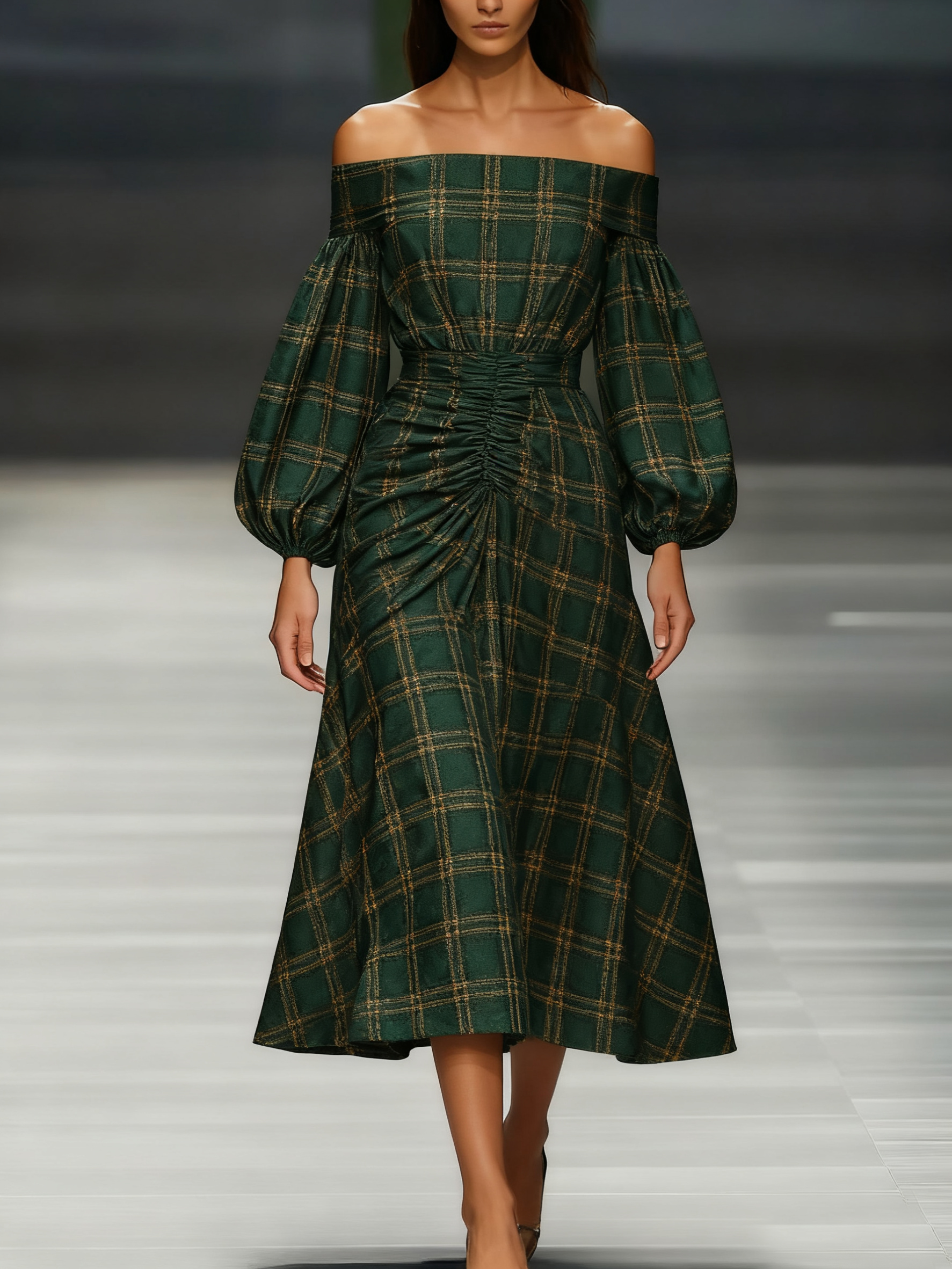 Women's off-the-shoulder long-sleeved green chiffon dress