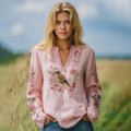 Women's Retro Pink Floral And Birds Pattern Linen V-neck Shirt elevenforest