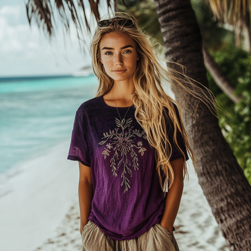 Vintage Bohemian Beach Vacation Gradient Floral Linen Short-sleeved Round Neck Tops elevenforest