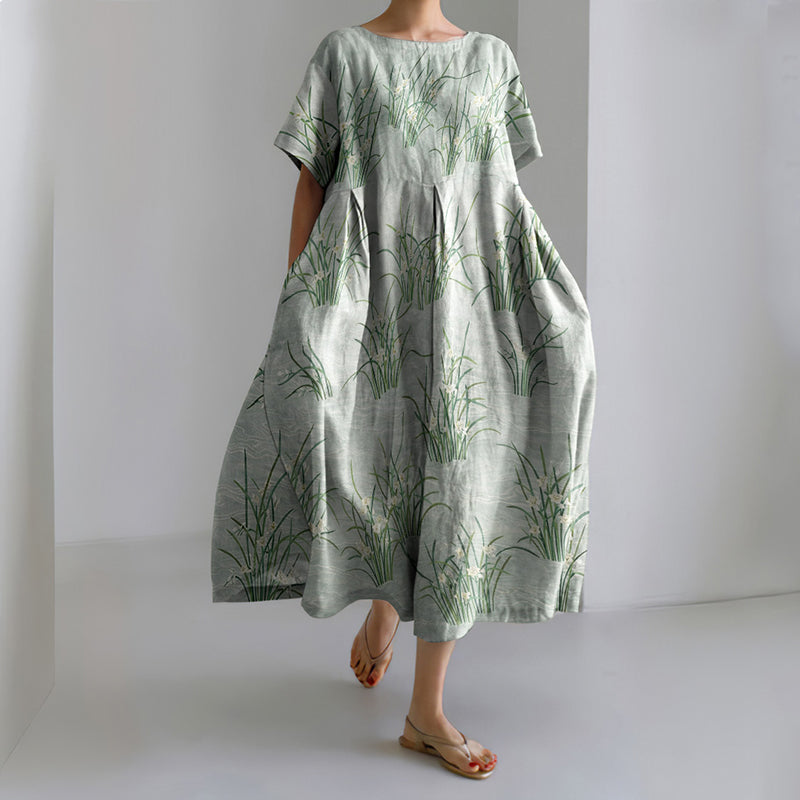 Comstylish Women's Japanese Flower Art Short Sleeve Midi Dress