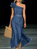 Elegant Strapless Denim 3D Floral Maxi Dress