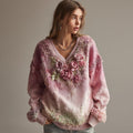 Women's Retro Rose Floral Pattern Comfortable Warm V-neck Sweatshirt elevenforest