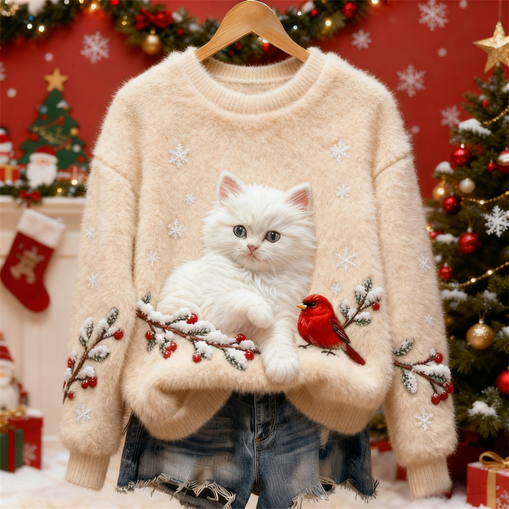 Comstylish Christmas Cat & Bird Art Women's Flannel Sweater