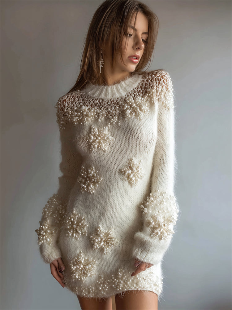 Classy Snowflakes Pearls Beaded Cozy Fuzzy Sweater Dress artswardrobe