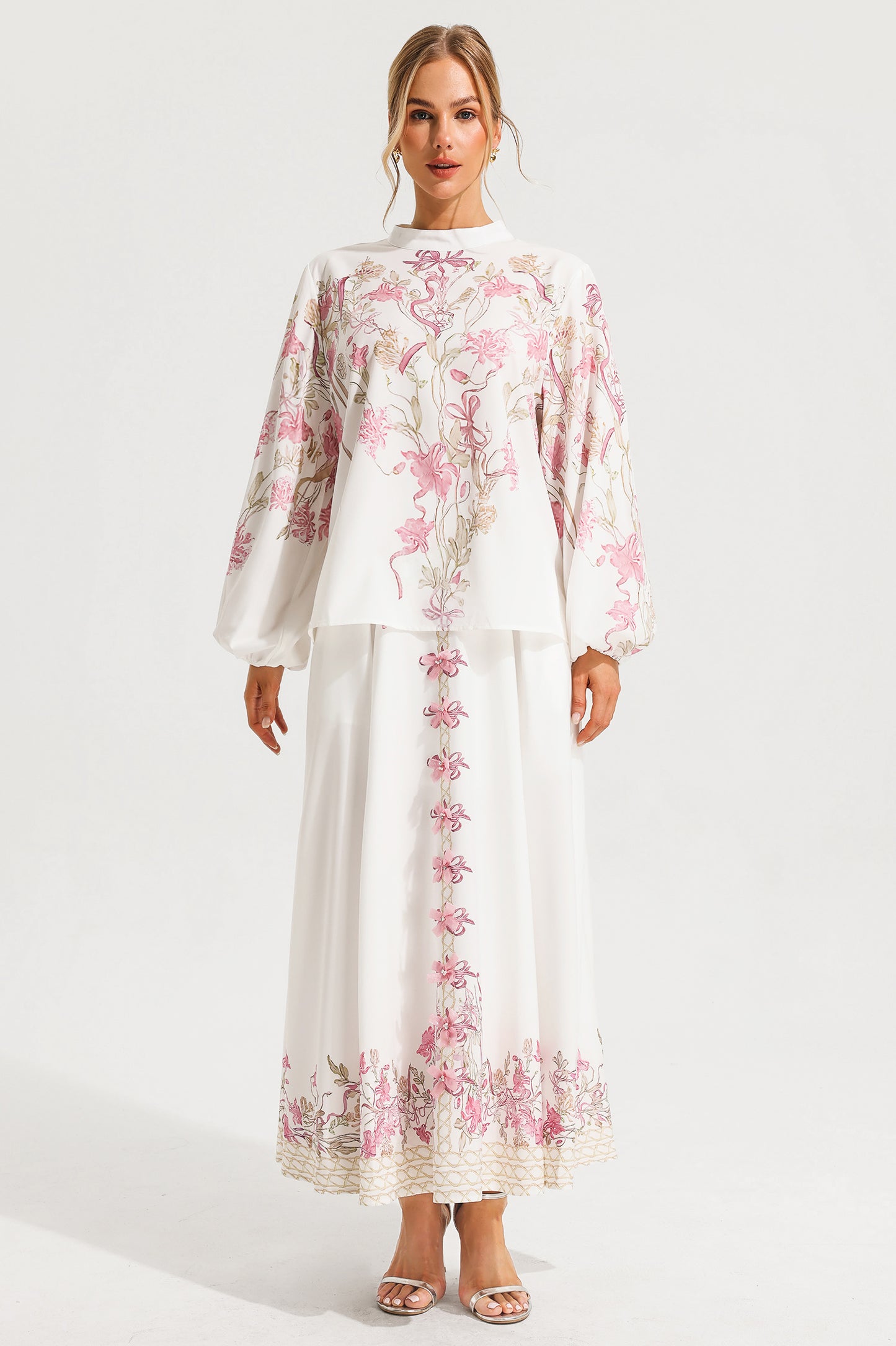 Puff Sleeve Top ?bow High Waist Maxi Skirt Set
