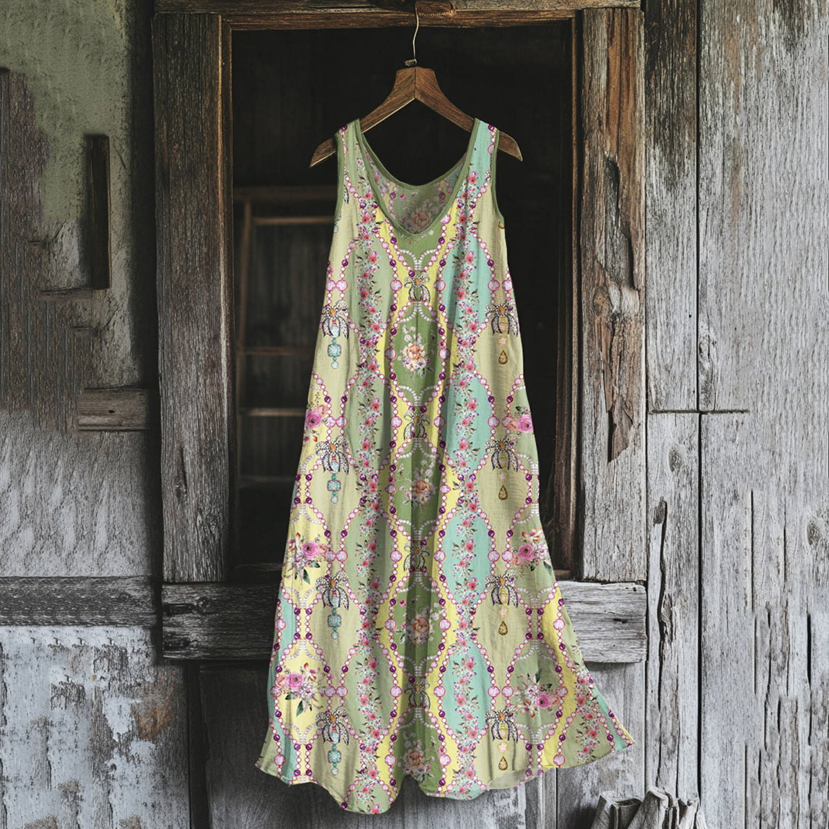 Women's Bohemian Floral Art Cotton And Linen Sleeveless Dress elevenforest