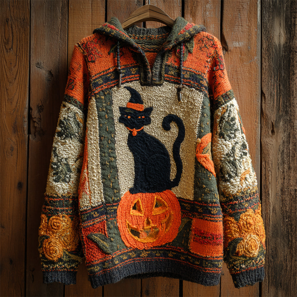 Halloween Black Cat With Hat & Pumpkin Women's Knit Hooded Sweater artswardrobe