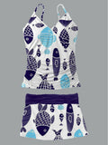 Women's Summer Fish Print Casual Suspender Shirred Swimsuit Set