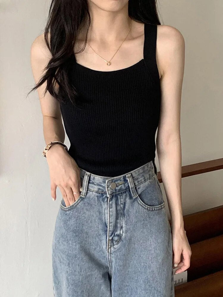 Spring Crop Tops Strapy Camis Sleeveless Tank Tops Tops Plain Camis Square Tops for Korean