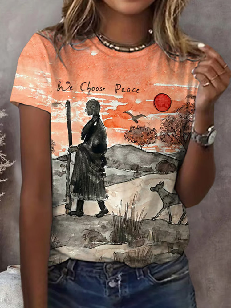 Comstylish Retro Peace Walking Monks With Aloka Dog Watercolor Painting Print T-shirt