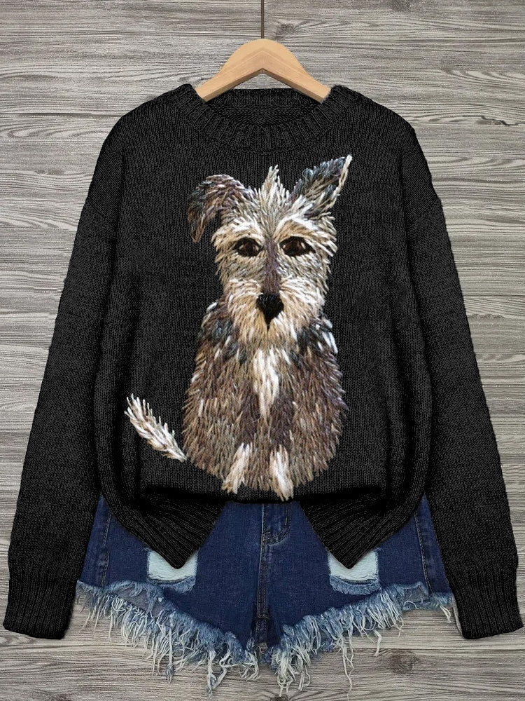 Comstylish Lovely Dog Embroidered Cozy Knit Sweater
