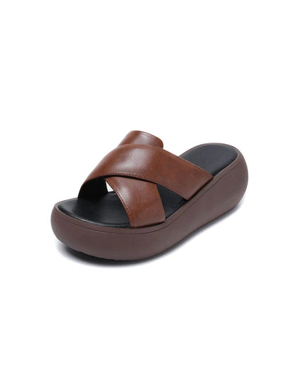 Leather Cross Strap Wedge Slippers