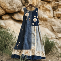 Women's Vintage Floral Denim Blue Patchwork Sleeveless Dress elevenforest