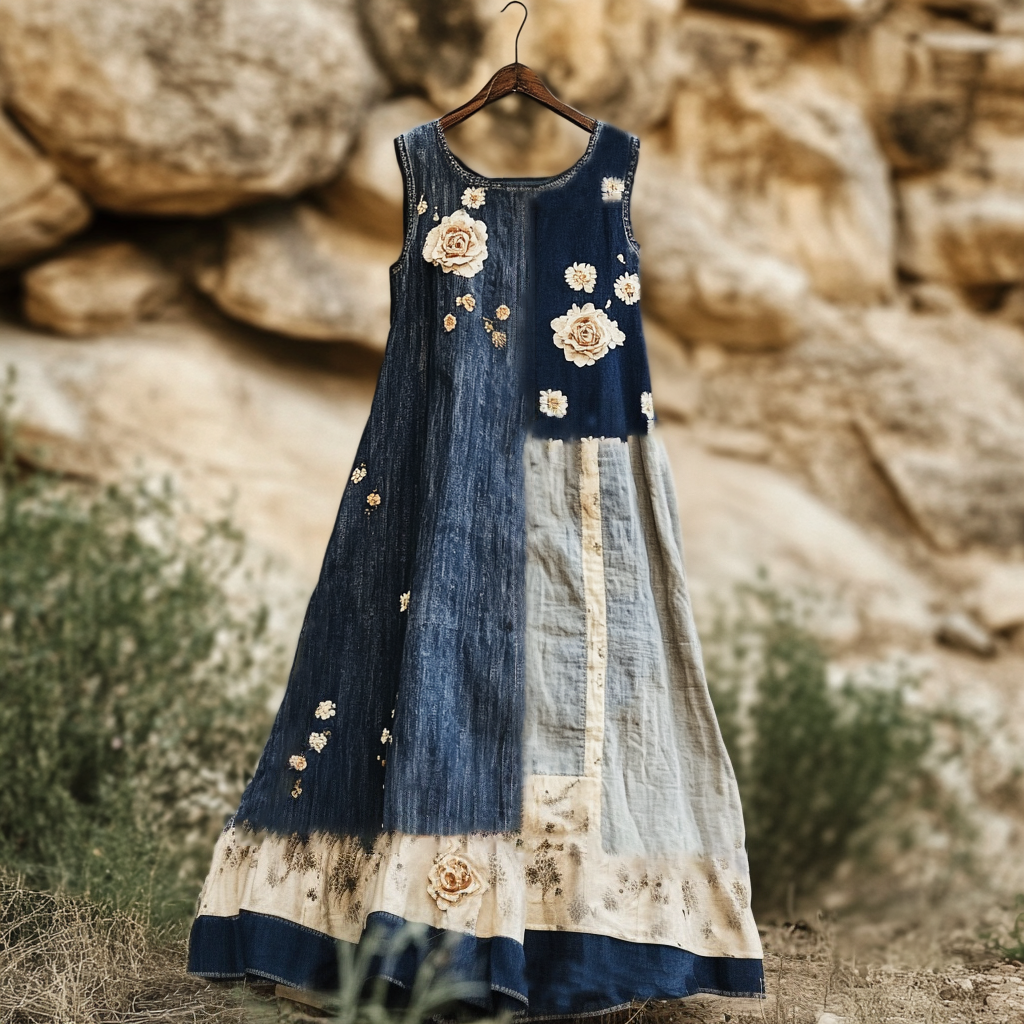 Women's Vintage Floral Denim Blue Patchwork Sleeveless Dress elevenforest
