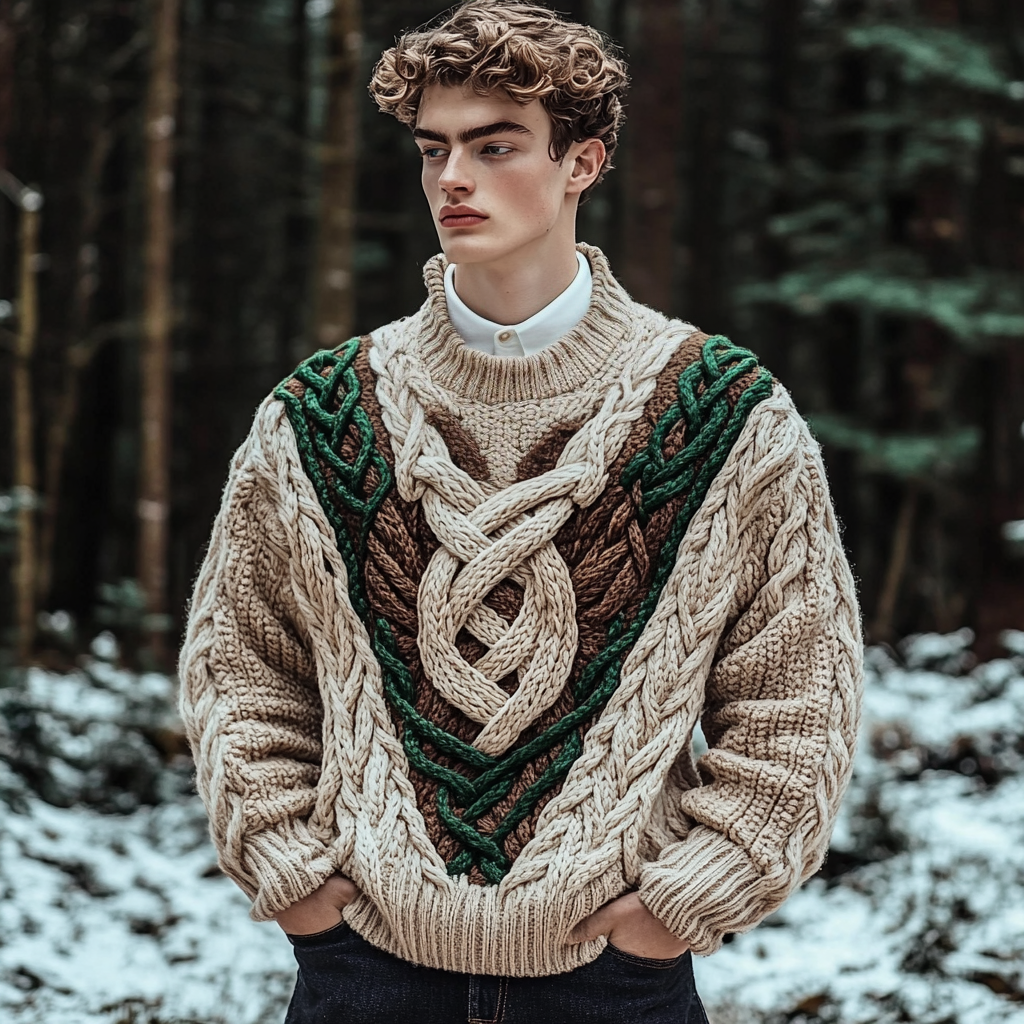 Men's Celtic Knot Contrast Jacquard Crew Neck Sweater elevenforest