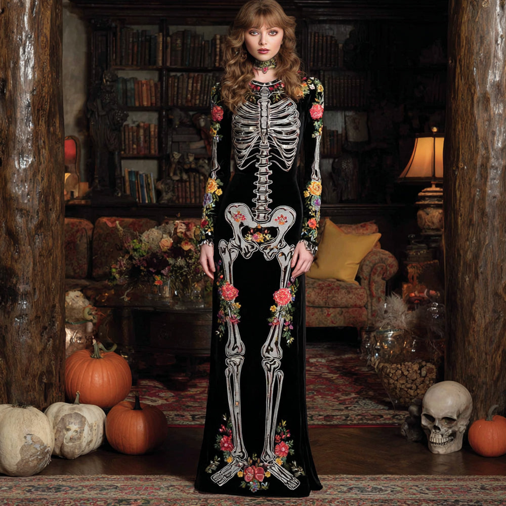 Classy Mexican Day Of The Dead Skeleton Bones Embroidery Flowers Cozy Velvet Maxi Dress elevenforest