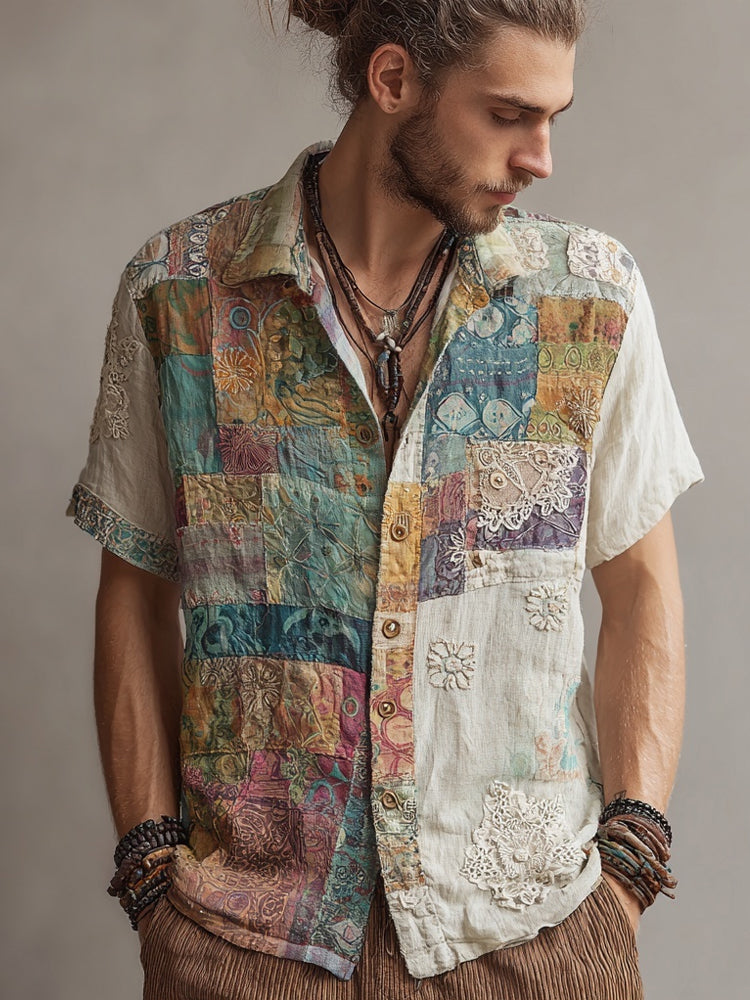 Men's Vintage Floral Lace Embroidered Patchwork Linen Shirt elevenforest