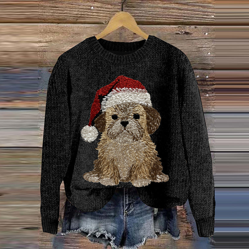 Comstylish Women's Christmas Puppy Embroidery Art Print Casual Sweater
