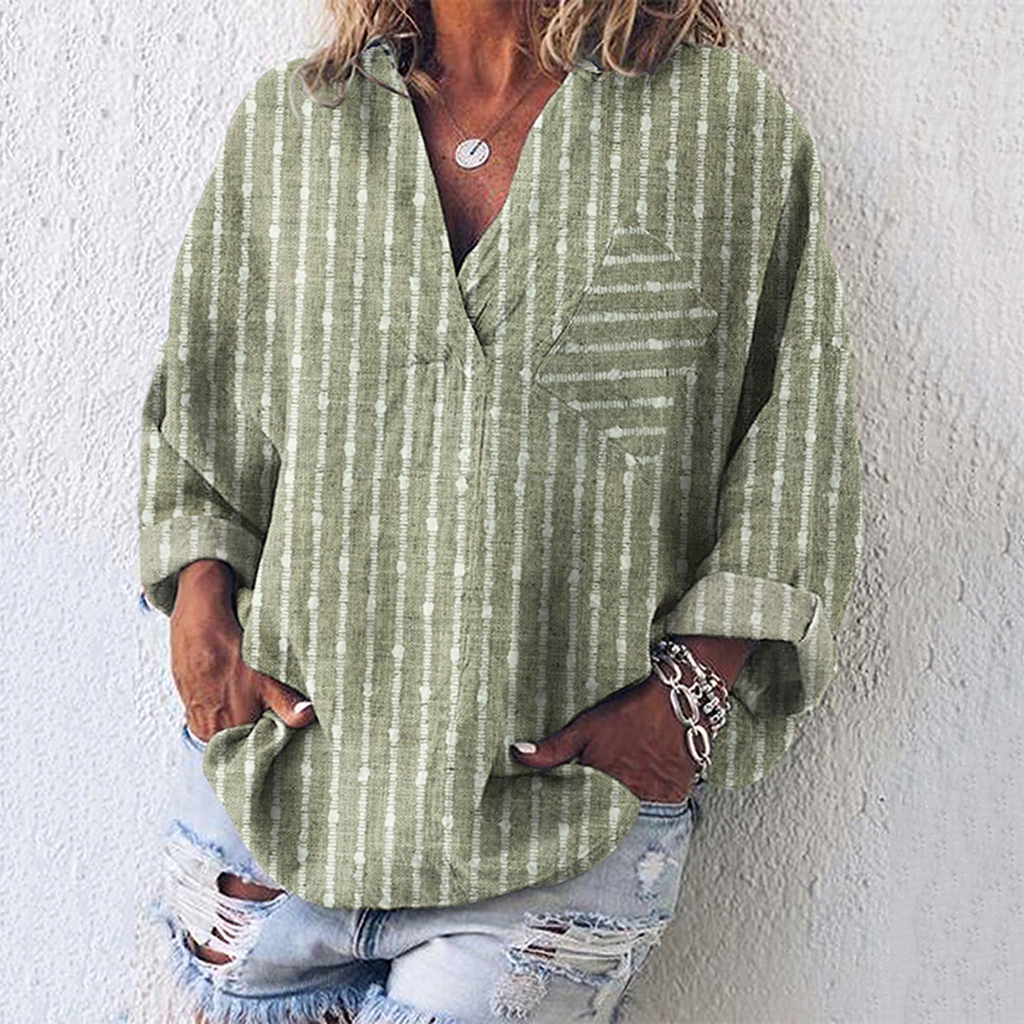 Women Vintage Stripes Pocket V Neck Casual Shirt elevenforest