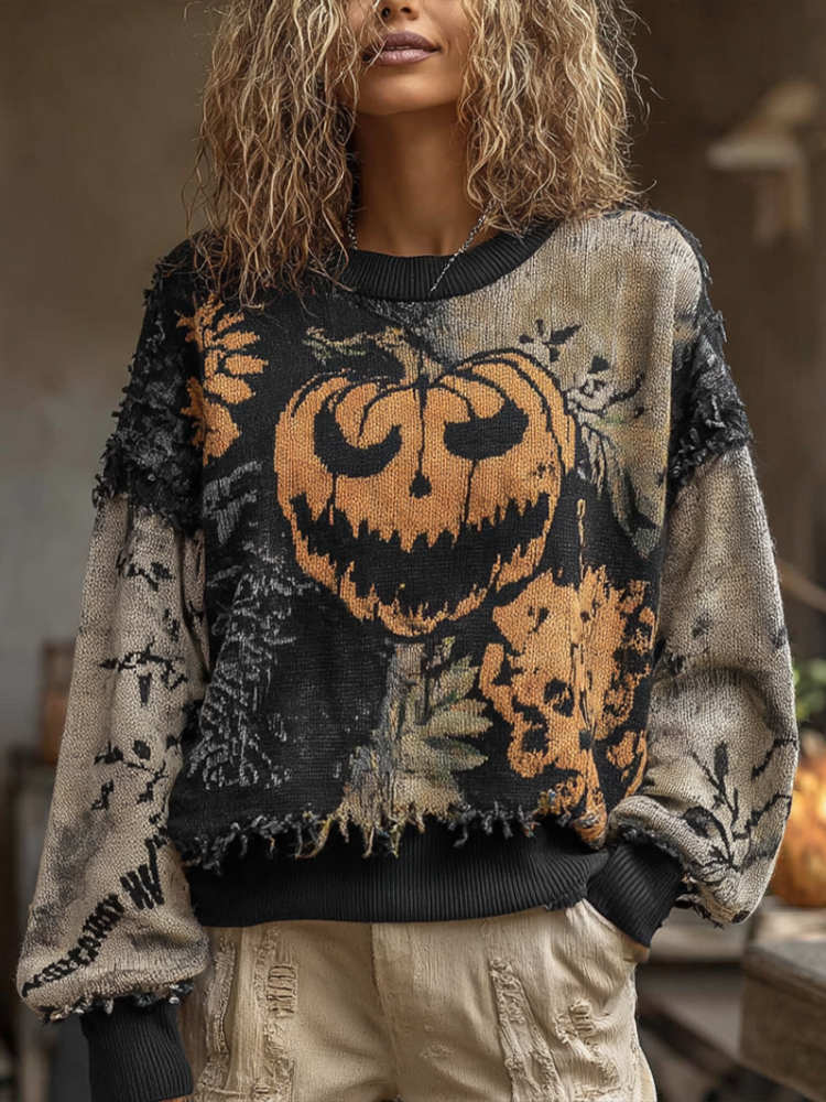 Halloween Pumpkin Face And Plant Flower Pattern Design Women's Round Neck Knit Sweater elevenforest