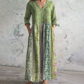 Vintage Green Retro Floral Color Block Bohemian Pattern Linen Blend Maxi Dress elevenforest