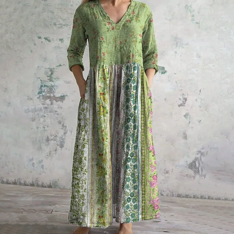 Vintage Green Retro Floral Color Block Bohemian Pattern Linen Blend Maxi Dress elevenforest