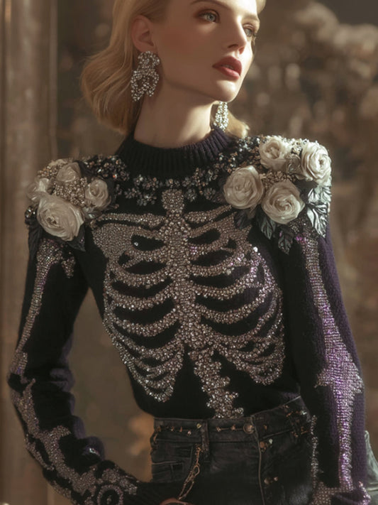 Comstylish Halloween Anatomy Art Skeleton Flower Round Neck Sweater