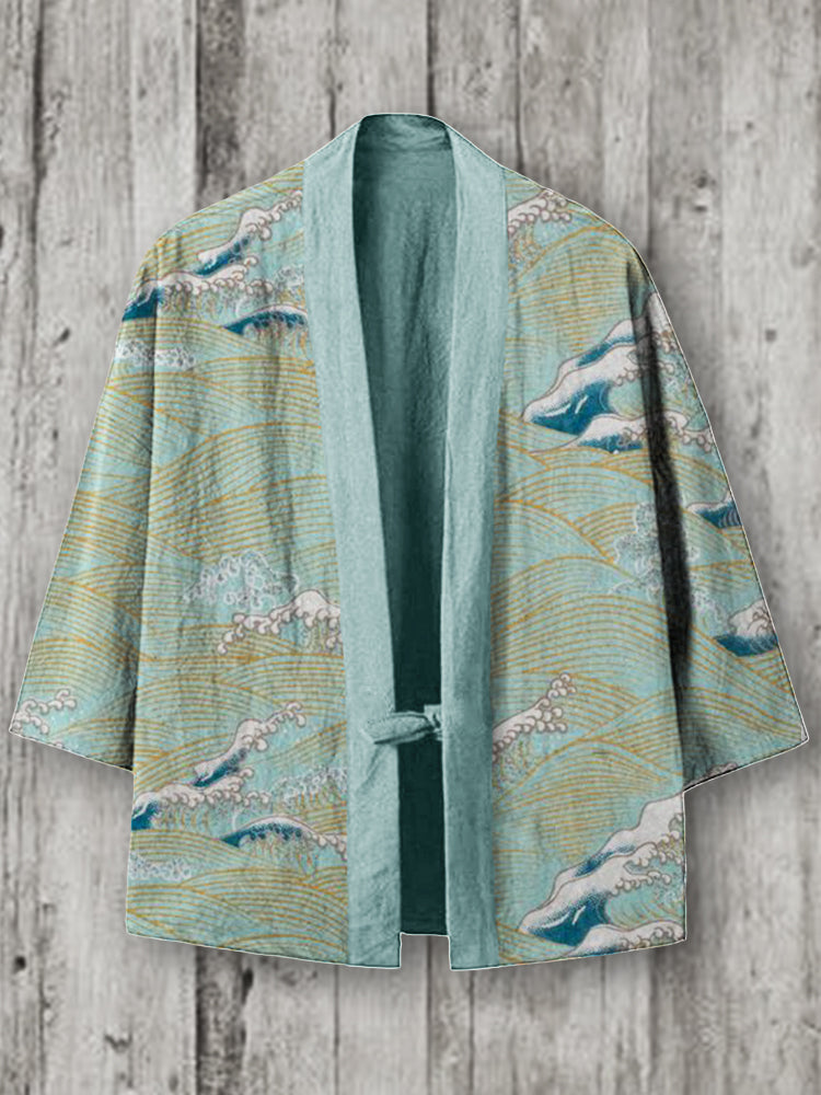 Sea Waves Japanese Pattern Linen Blend Kimono Cardigan elevenforest