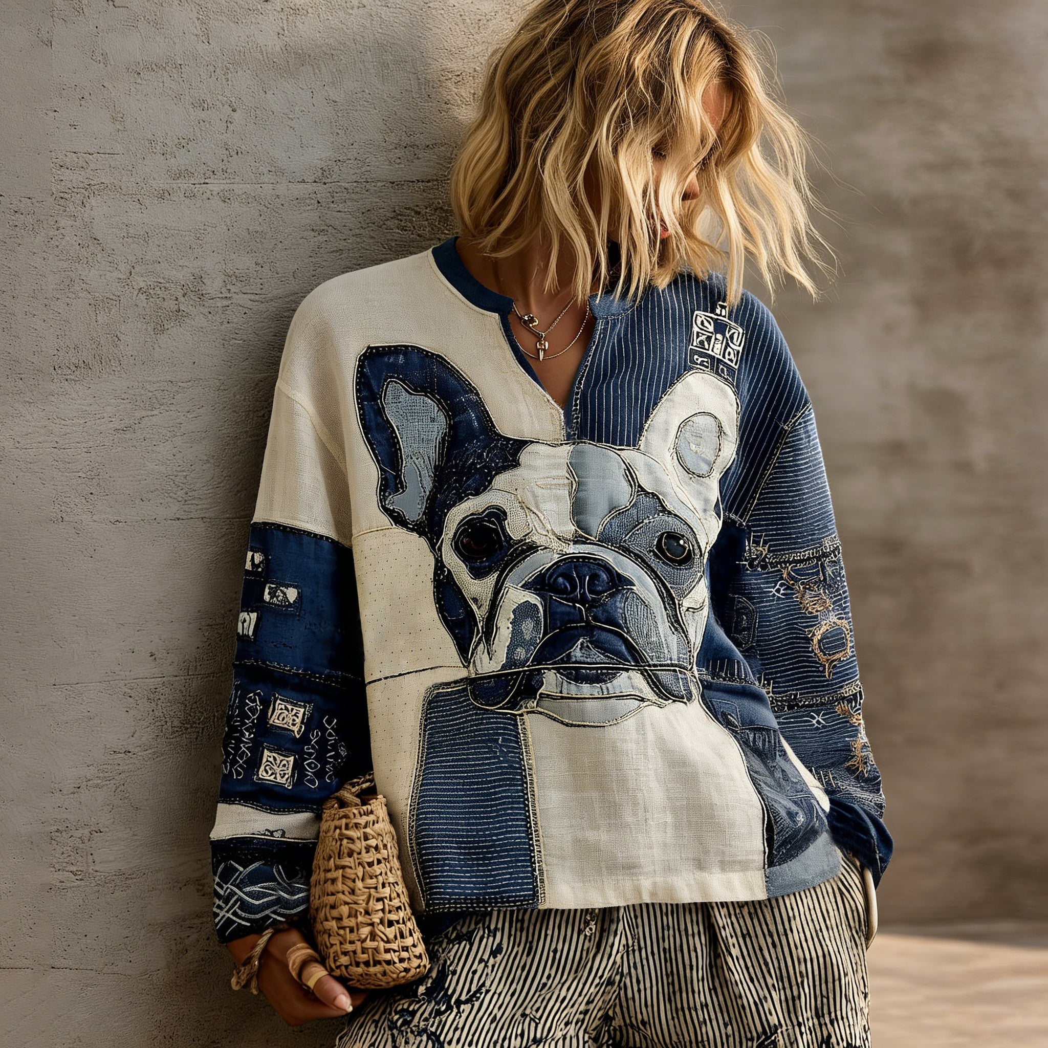 Women's Retro Cat With Japanese Patchwork Art Print Comfy Top elevenforest