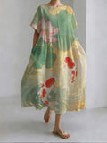 Japanese Style Koi And Lotus Pond Round Neck Casual Dress elevenforest