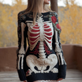 Comstylish Halloween Human Anatomy Pattern And Flower Pattern Combined Design Women's Round Neck Knit Sweater Dress