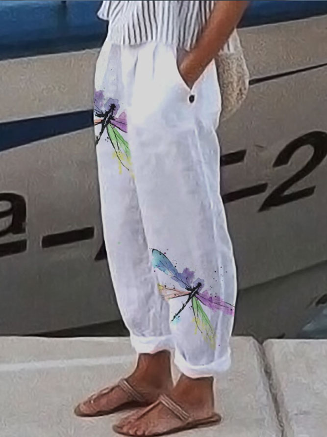 Women's Casual Watercolor Dragonfly Cotton Blend Print Pants elevenforest