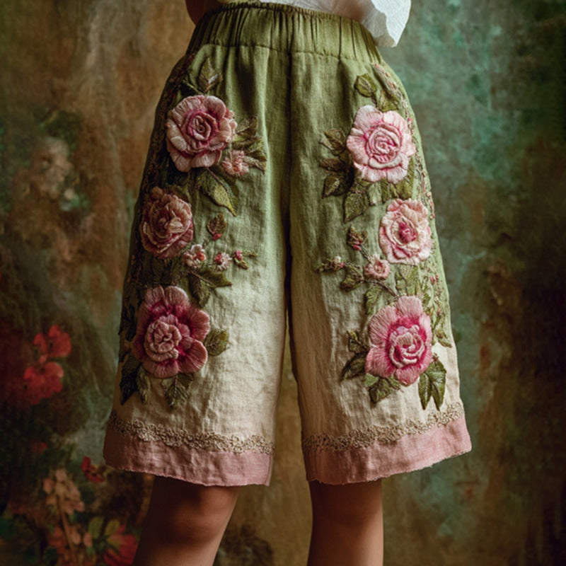 Women's Rose Floral Gradient Waist Elastic Pocket Shorts elevenforest