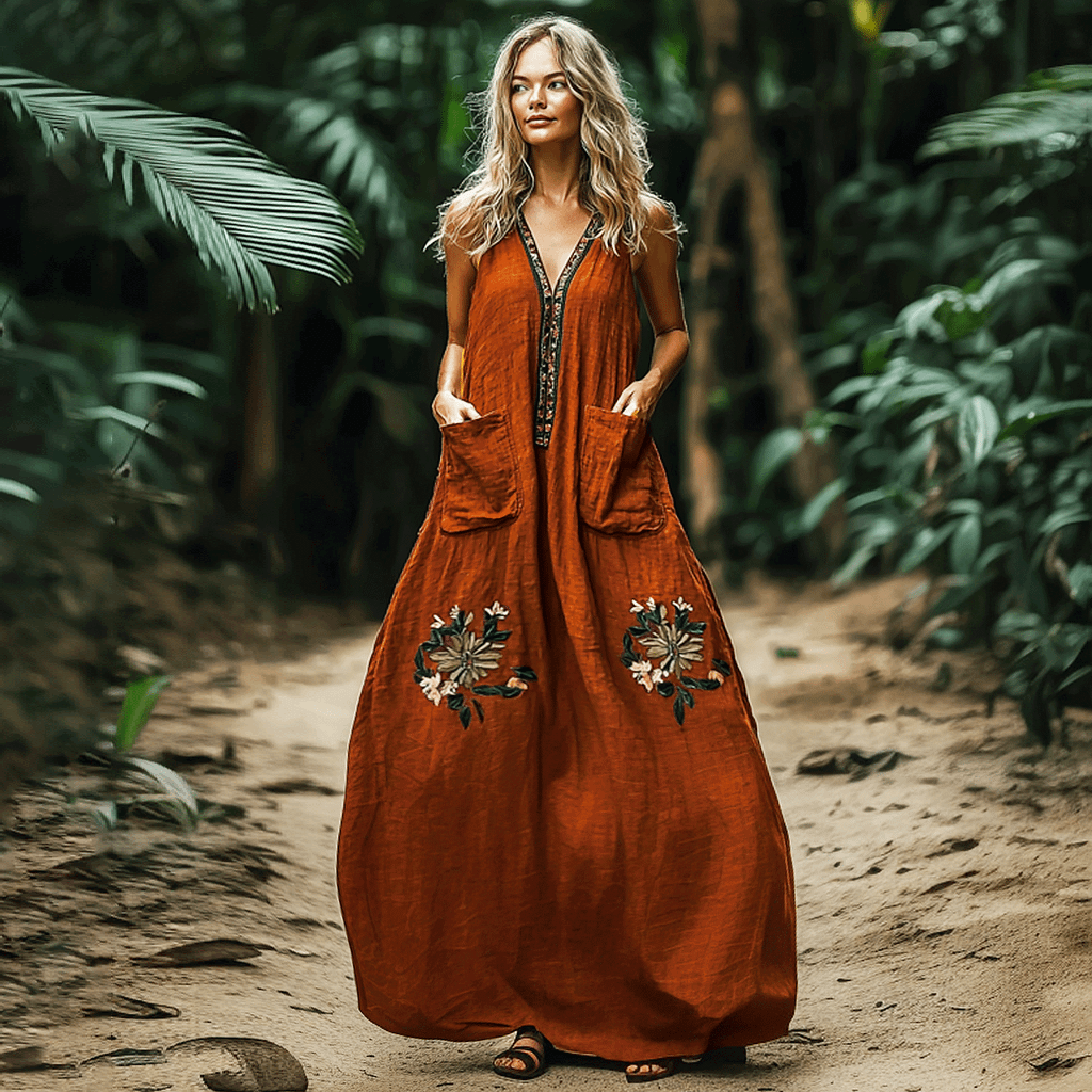 Bohemian Floral Embroidery Sleeveless  Cozy Linen Maxi Dress elevenforest