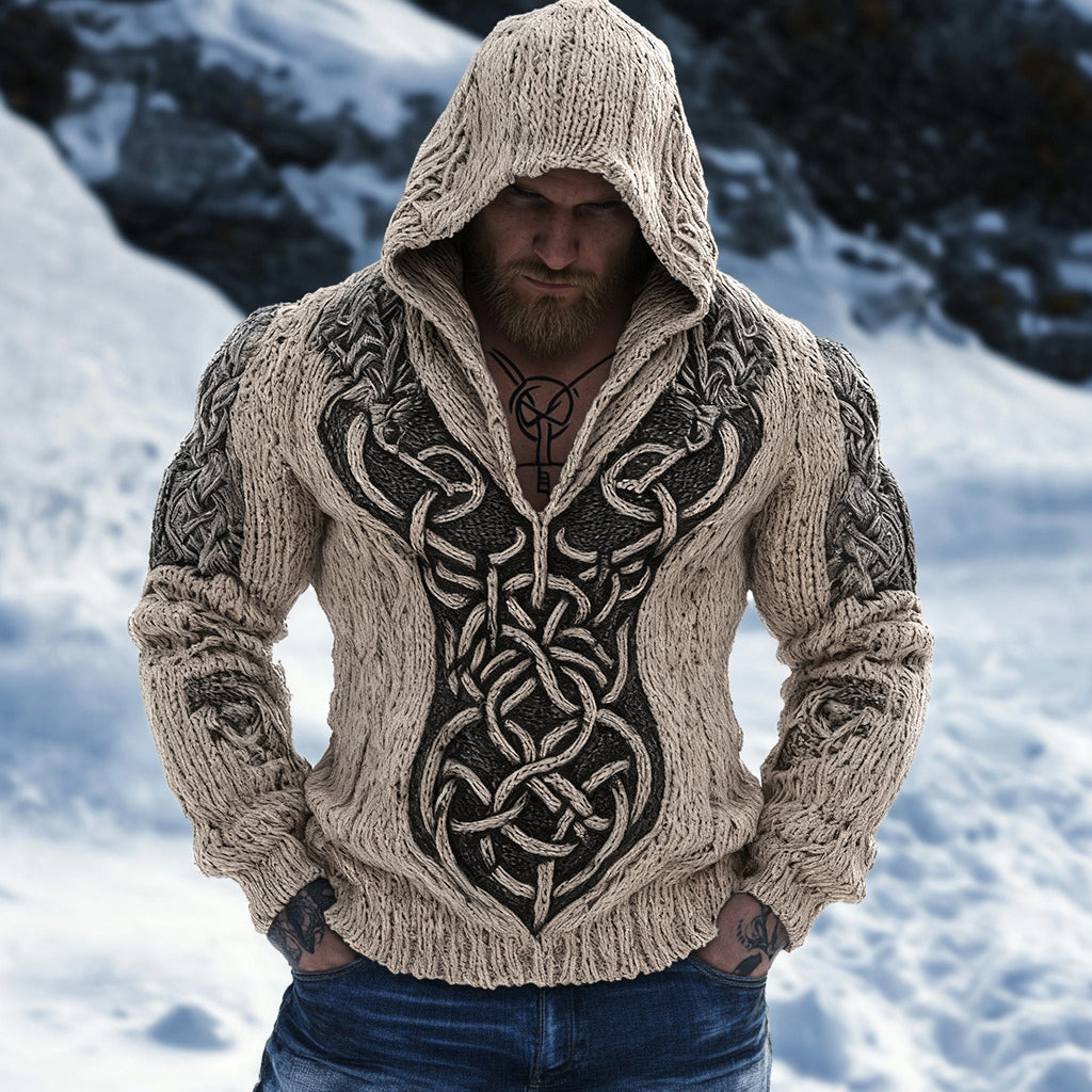 Retro Viking Celtic Jacquard Chunky Hooded Sweater elevenforest