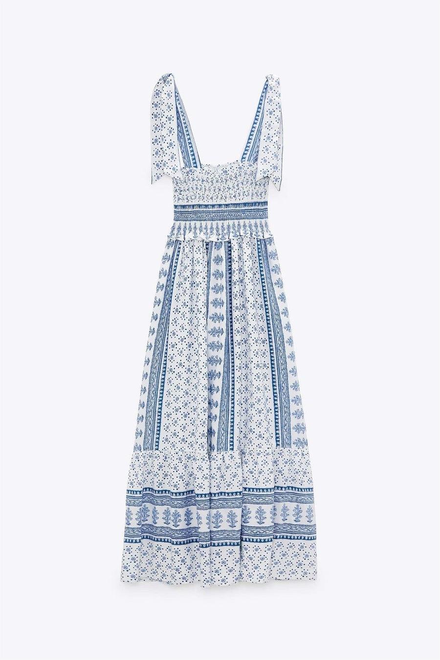 Lace Up Smocking Frill Midi Dress