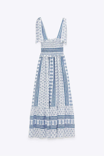 Lace Up Smocking Frill Midi Dress