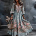 Women's Retro Floral Art Flowy Linen Blend Casual Long Sleeve Maxi Dress elevenforest