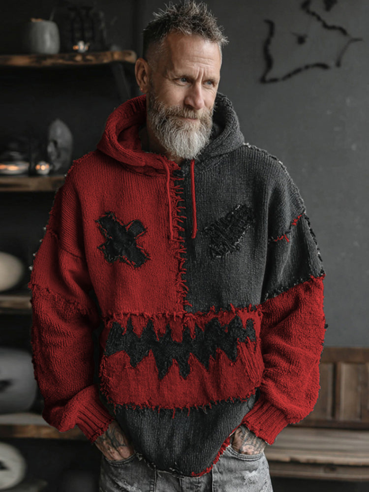 Men's Halloween Spooky Face Colorblock Stitched Hooded Cozy Knit Sweater elevenforest