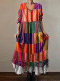Women's Colorful Stripe Art Print V-Neck Button Pocket Cotton Dress