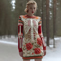 Women's Vintage Halloween Skeleton Bones With Rose Art Cozy Knit Mini Sweater Dress elevenforest