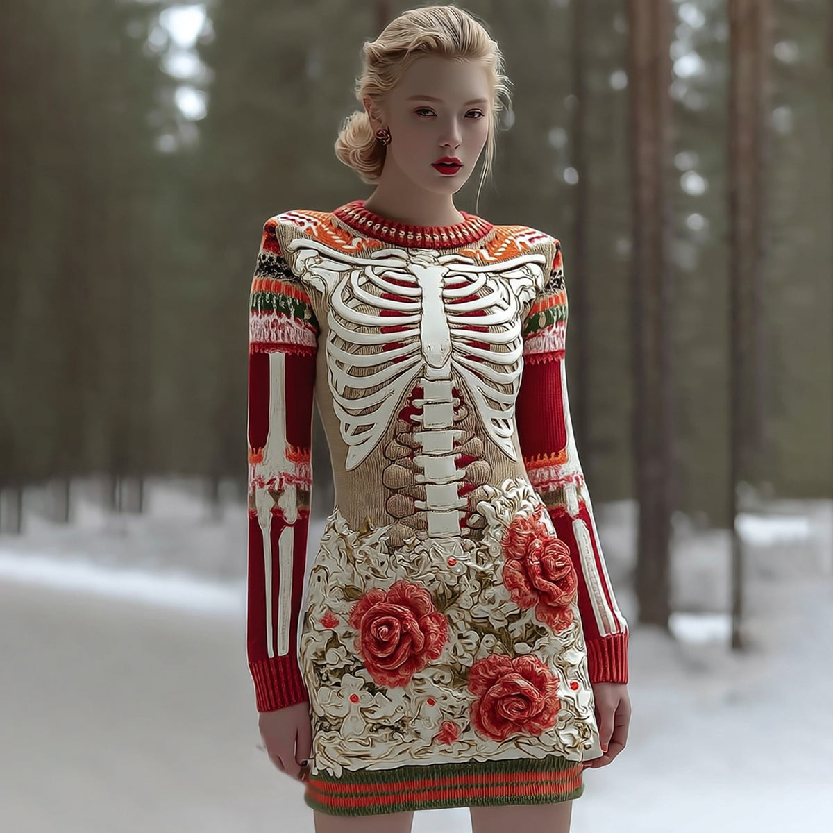 Women's Vintage Halloween Skeleton Bones With Rose Art Cozy Knit Mini Sweater Dress elevenforest