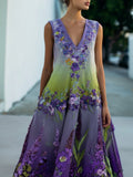 Elegant Purple Flowers Embroidered Gradient Linen Maxi Dress elevenforest