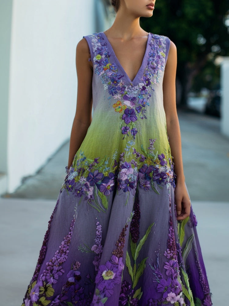 Elegant Purple Flowers Embroidered Gradient Linen Maxi Dress elevenforest