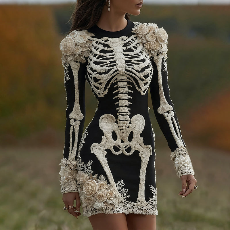 Women's Halloween Skeleton Bones With Rose Art Cozy Knit Mini Sweater Dress artswardrobe