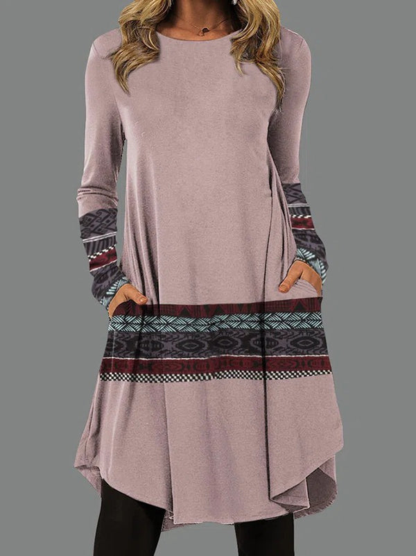 Long Sleeves Striped Contrast Color Printed Round-neck Mini Dresses