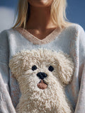 Comstylish Cute Fuzzy Dog Embroidered V Neck Cozy Sweater
